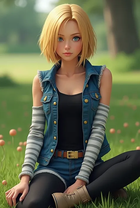 Android 18,  hyper realistic , Sitting on the grass in a park, young woman, natural blonde hair BOB LONG cut short , sleeveless frayed denim jacket on, black fitted top, white sleeves with 60 very thin horizontal gray stripes that completely cover the arm,...