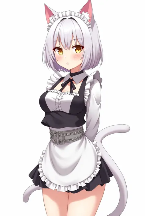 ((    best quality    )), ((masterpiece)), (    in detail),     perfect face , full body anime picture of a white haired gold eyed cat girl wearing a maid outfit , maid , cat girl , cat ears ,     cat tail , golden eyes ,    , short skirt,   Get on your kn...