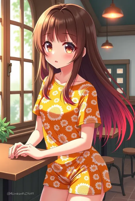 4K  Manga cartoon  character is Girl  skin white  , long hair colour brown - red gradient , wear outfits and shoes colour orange and white - yellow pattern  sunflower , background  wall door glass in cafe , manga cartoon style . 