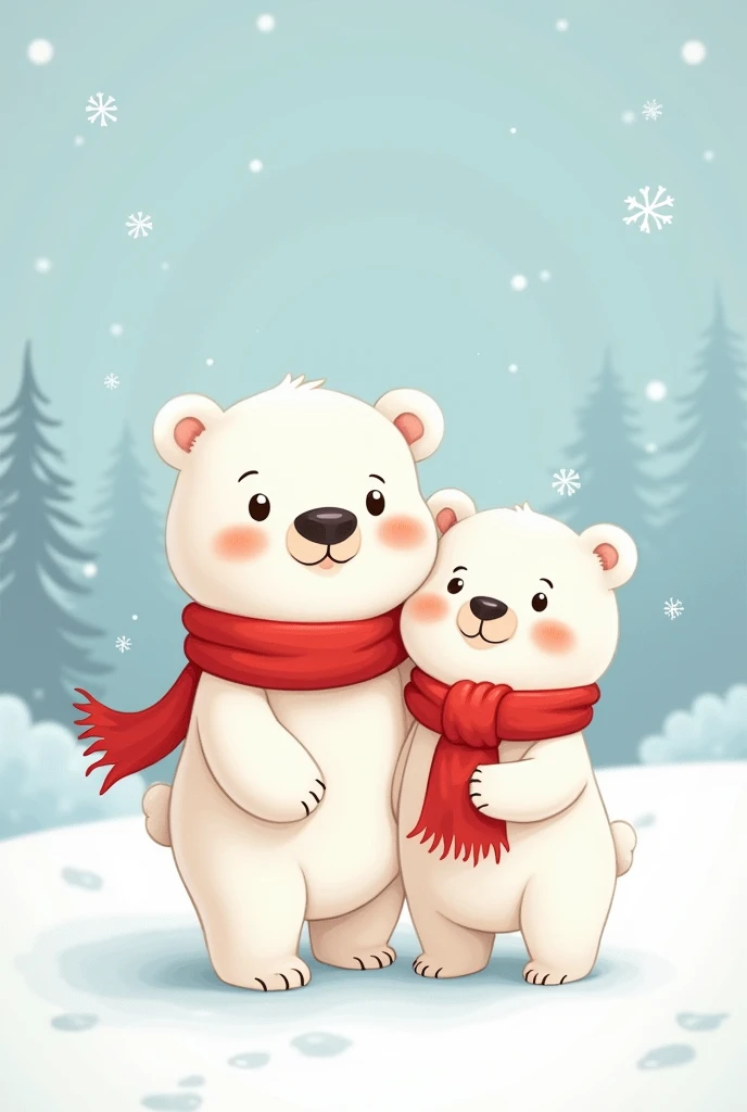 White Umka cartoon bear with a red scarf with a mother bear on white snow