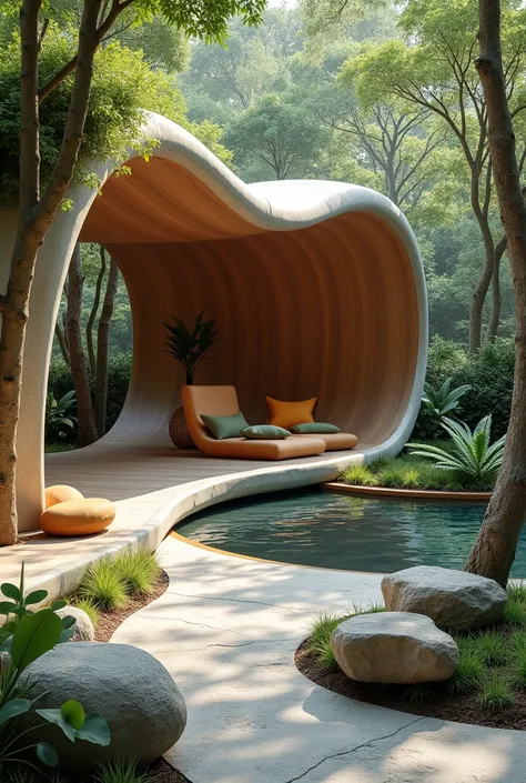 create a meditation pavilion with curved lines in the structure ,made of natural materials with a water fountain and recreational spaces with comfortable armchairs 