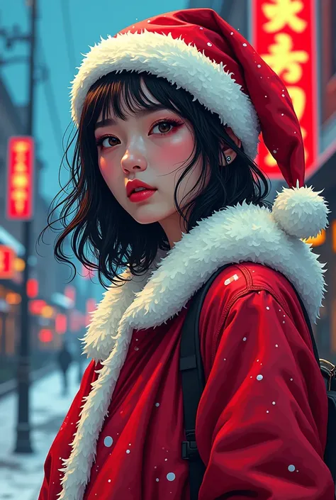 ((masterpiece, Highest quality)), (((whole body :1.5))), 32K Wallpapers, Very detailed, Poster, (((geometric cinematic movie Poster))), colorful comic book pulp art, pop art, beautiful hot cute super stylish thai female in the streets, wearing wearing Sant...