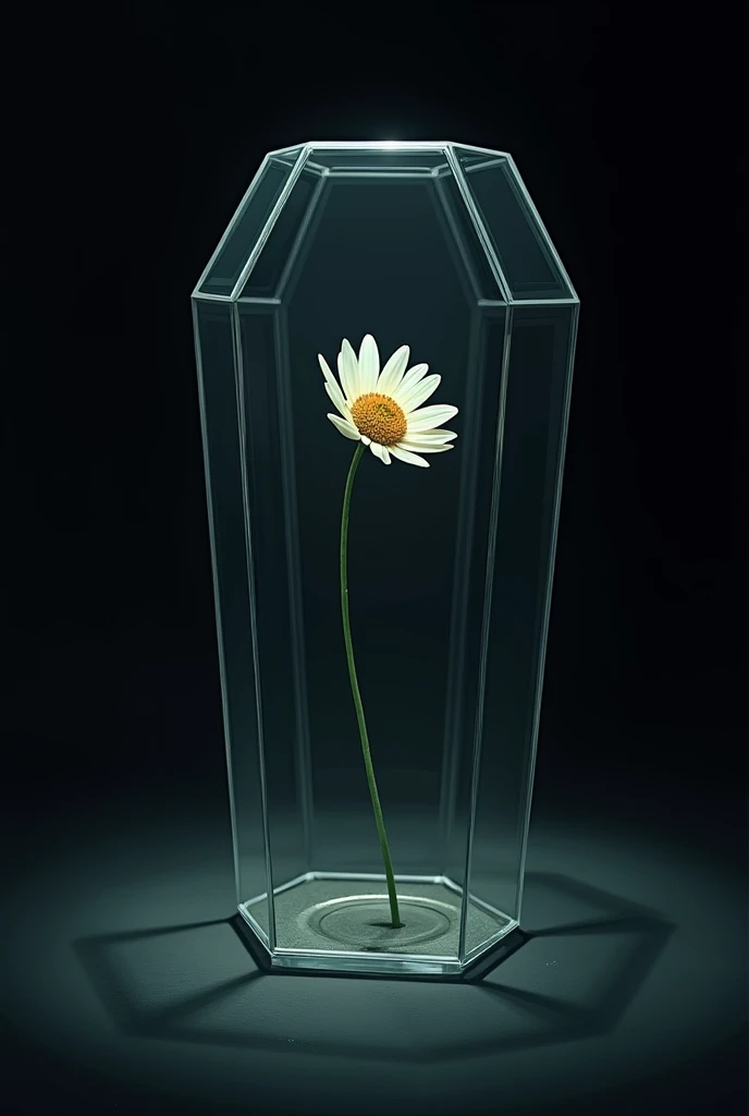 Give me the image of a glass coffin with a flower inside and the black environment