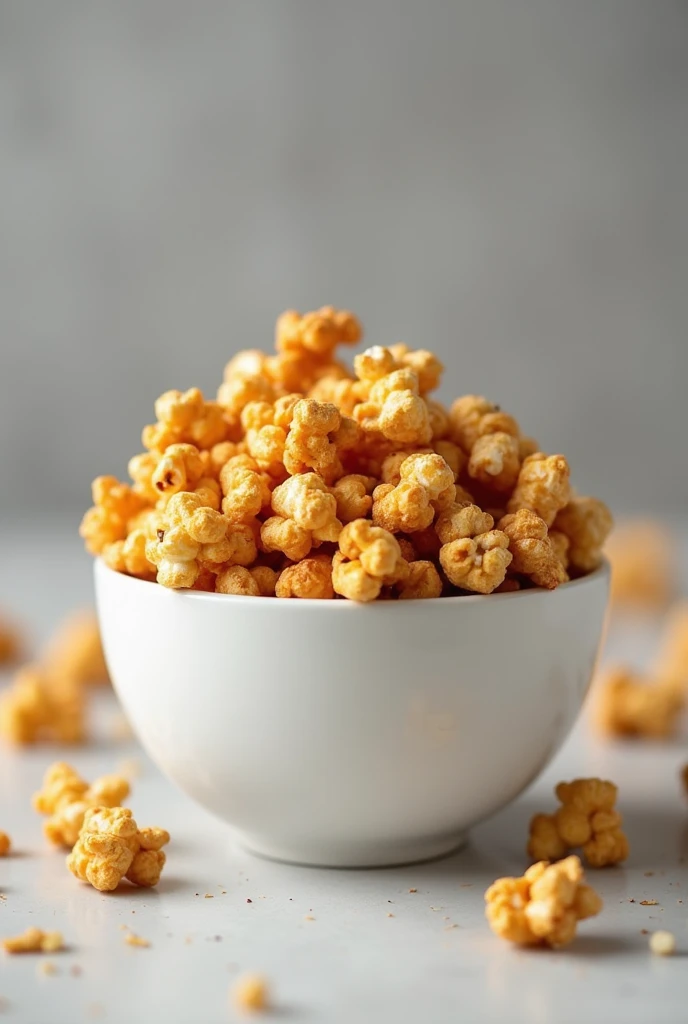 

"A close-up view of a simple white ceramic bowl filled with caramelized popcorn, showcasing a mix of golden-brown and lightly toasted pieces for a rich, rustic look. The bowl has a smooth, matte finish and is centered in the frame. The background is a ne...