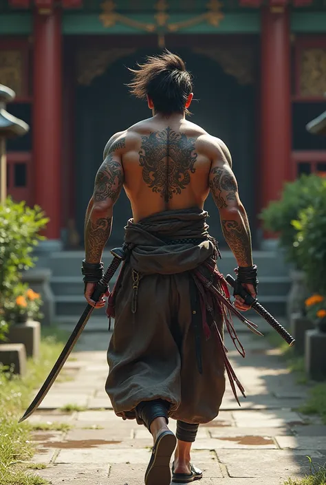 Samurai man with messy hair, lots of tattoos leaving a temple with two swords
