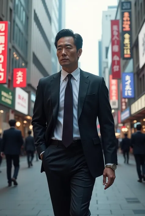 A Japanese male in his 40s ,Hes very cool , hes dressed clean, hes walking around the city 