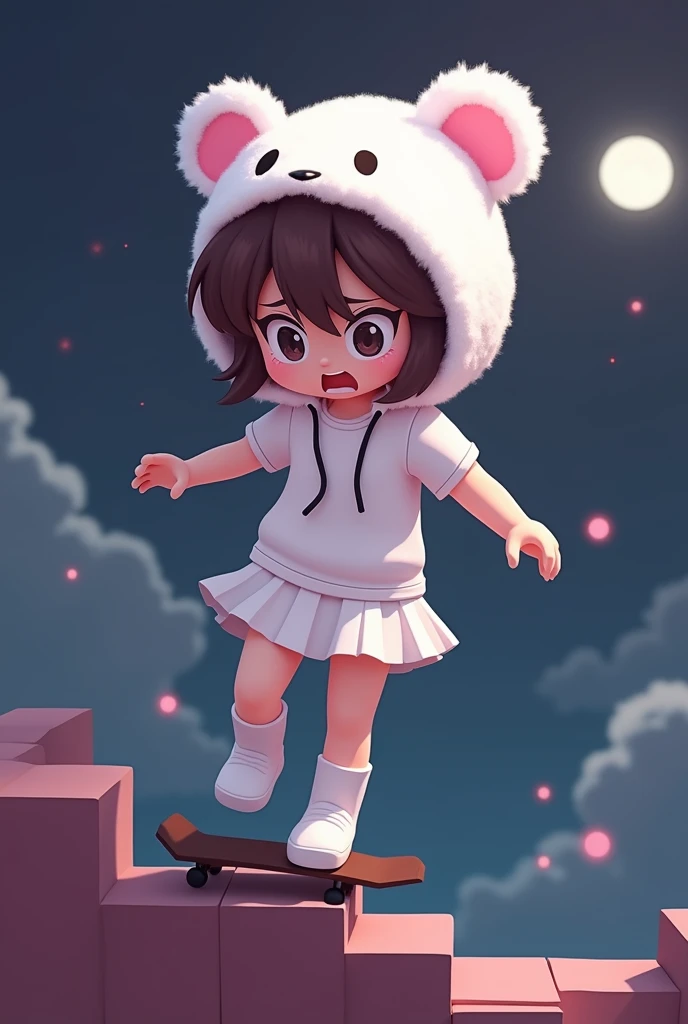  has a masterpiece of Roblox GFX , A character of faith , The white teddy bear hat ,  only above it does not round the head with strings in each ear ,   short brown hair up to the shoulders ,  top t-shirt stuck above the white navel ,  white skirt with kne...