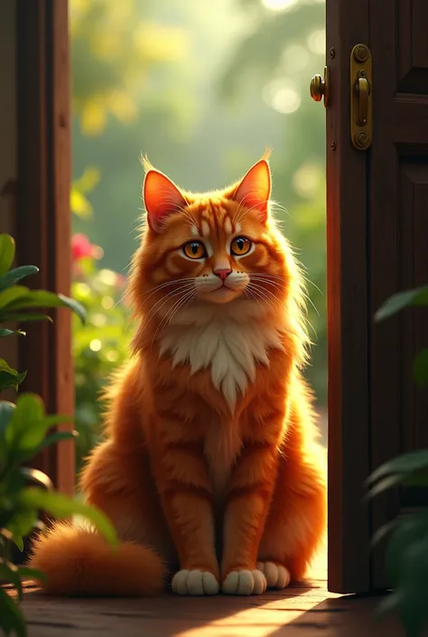 orange cat, long hair, orange eyes, At a half-open door in northeastern Brazil