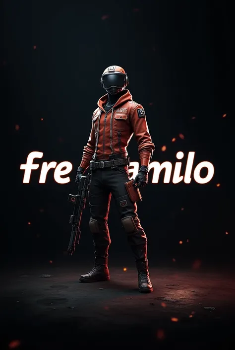 I want a photo with a black background and in front of it you have a Freefire character and in front of the character you have the letters Fre Camilo 