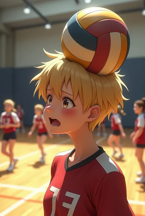 Blonde student being hit by a volleyball in the head
