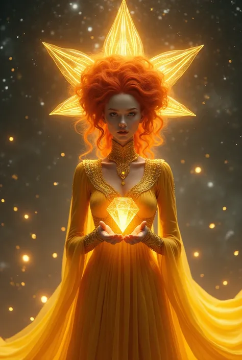 A yellow alien heavenly Goddess , with red hair in the shape of a star,  wearing a long gold dress with an inverted crystal cone skirt ,  her eyes were crystal clear and she held an orange diamond with her hands in space