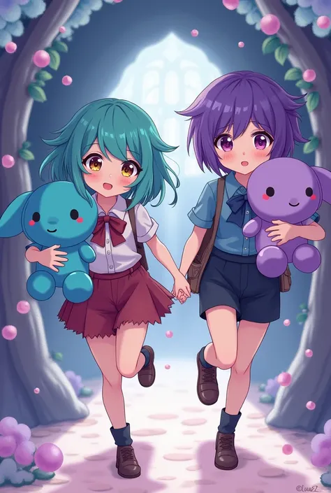  Bon and Bonnie as ren one with turquoise hair and the other in purple with lenses and red eyes anime style,  running hand in hand with turquoise and purple plush toys , hiding together 