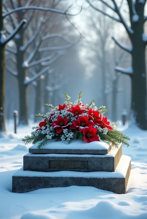 tombe enneigée en hiver avec composition florale de noel
