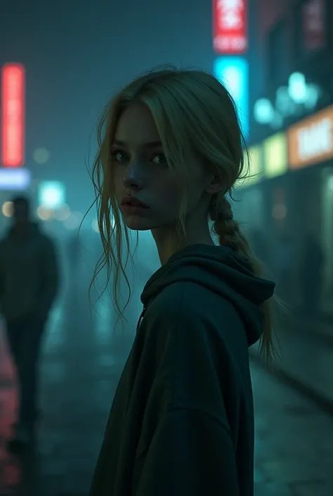 slim,  fragile blonde girl .  She has long hair and blue eyes.  In the background , a man in a sweatshirt is standing . Night.  Its hard to see a man wearing the lights of the city at night. 