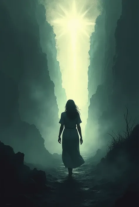  An image of a woman walking toward a bright light , leaving behind shadows or a bleak landscape .

 symbolizes the decision to abandon harmful practices and seek light and truth.