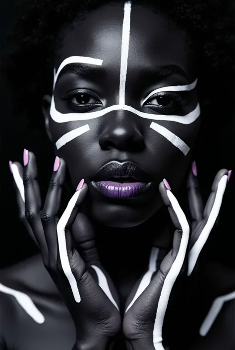  High resolution,  lyrics ,  masterpiece  .  monochrome photograph ,   of an ebony beauty model ,  face and hands illuminated in a marked contrast with the surrounding darkness,  geometric facial art influenced by Willi Baumeister  ,   intricate patterns o...