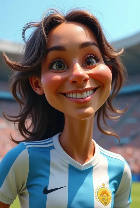 A highly detailed, cinematic-style caricature of the famous soccer player, featuring a large head with exaggerated features, a big smile, and vibrant colors. (customize as needed) Chinematic 8k
antonela reccuzzo she is called, Argentina jersey 
