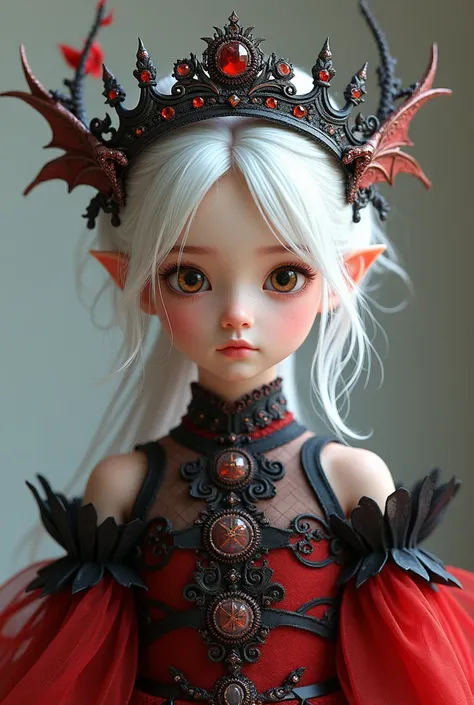 A girl in a red and black dress with a crown with white hair aged s a girl a girl a realistic  a realistic  very pretty but innocent a dragon crown with jewels and smaller