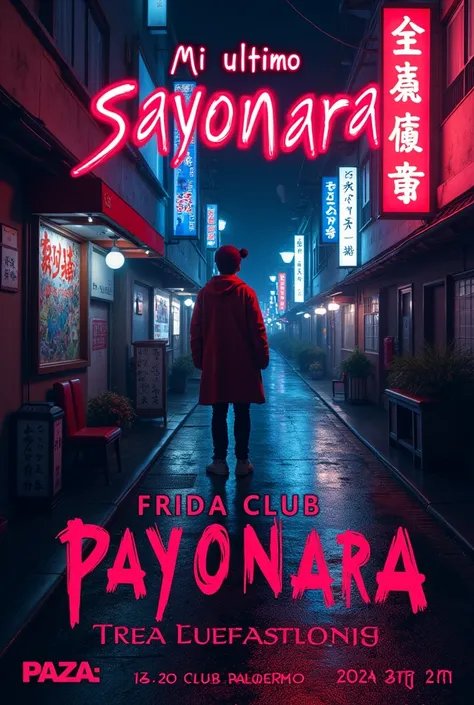 I want a Flyer for a show that says "Mi ultimo Sayonara", below that it says "Frida Club Palermo, 12/20/2024, 8:30 p.m.", it is very important that it says that place and date, all in letters in Spanish but Japanese style and that the background is Japanes...