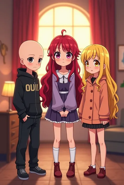 Three cartoon characters are standing in the 4th anniversary party room ,  A bald boy with black pupils on black skin ,  A girl with long red hair on pale purple skin with yellow pupils,  A girl with yellow long hair on apricot skin with yellow pupils ,  M...