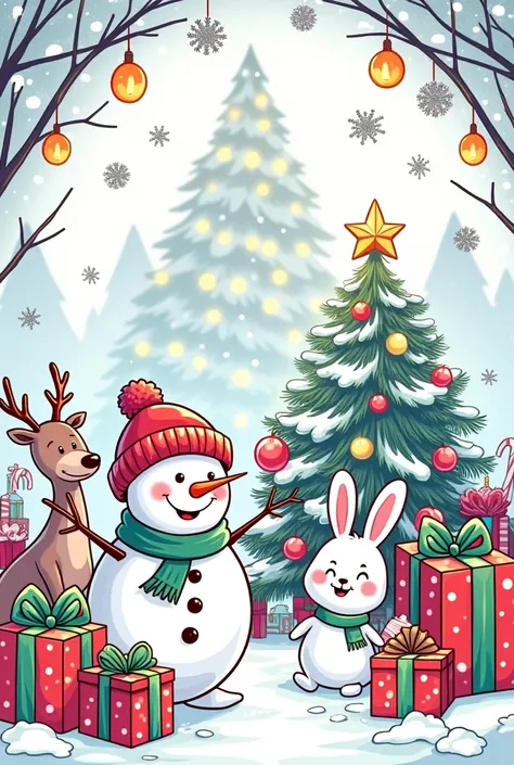 Can you please create a cute coloring book frobt page for little s. It should be christmas related with christmas trees, presents, candies, marshmallows, candles, christmas animals, snow and more. Also Space for the book Title 