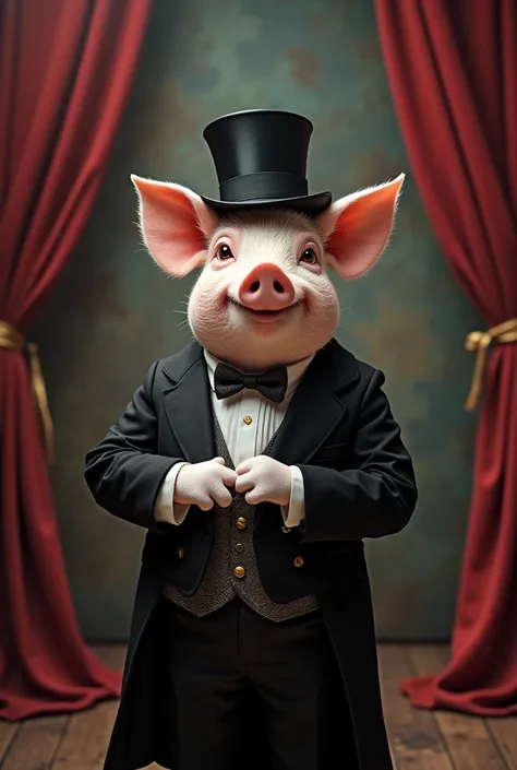 A piggy dressed as a magician 
