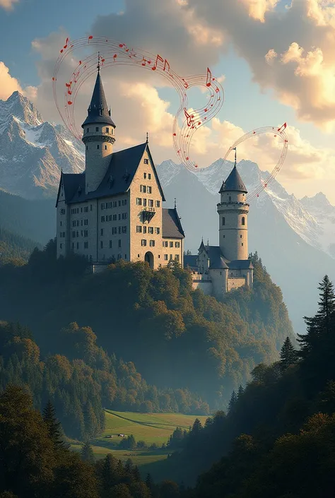 Create a picture with Kufstein Fortress next to Neuschwanstein Castle and musical notes