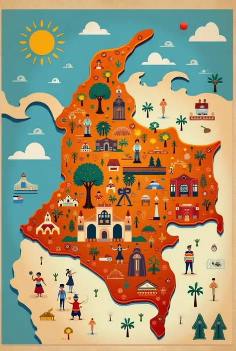 A cultural map of Colombia that represents the essence of Colombia, That it is separated by departments 