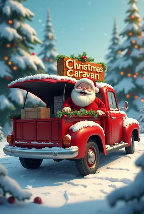 Christmas caravan truck with Santa Claus inside the trunk .  The truck needs to be sideways with the side open showing the Christmas caravan 