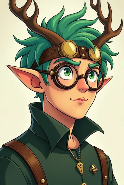 An elf. A 40 year old man. Looks adult. Green hair. Steampunk glasses. Antlers or horns. Like in the dragon prince cartoon