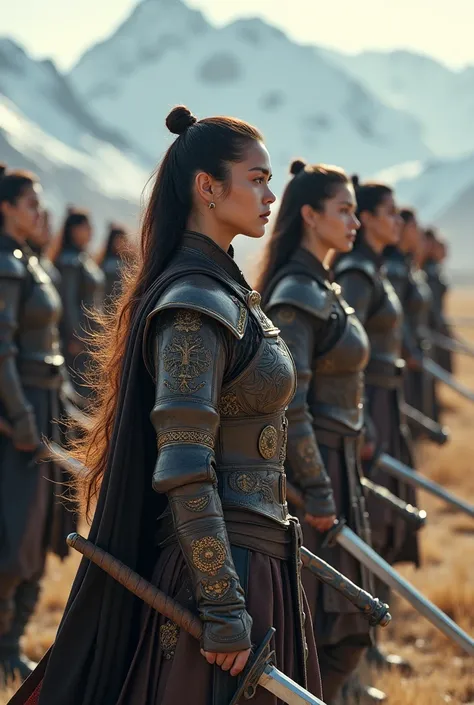 Create an army of female warriors with swords in their hands