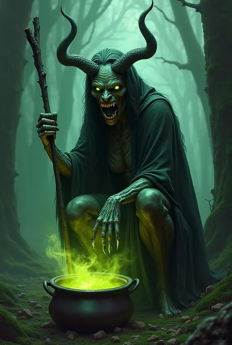 In the shadows of an ancient forest, a malevolent witch with twisted horns and glowing eyes crouches over a bubbling cauldron, her grotesque features illuminated by a sickly green glow. This haunting image is an intricately detailed digital painting, captu...