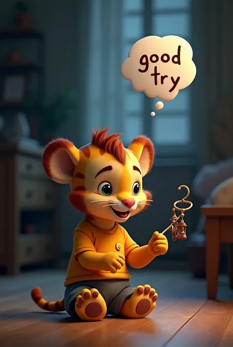 A 3D Pixar style baby cute tiger cub with a big fluffy mane. The tiger is sitting in the room using a mobile. The tiger is smiling. There is a big speech bubble above the mobile with the text "Good try" written inside. The tiger is wearing a yellow shirt a...