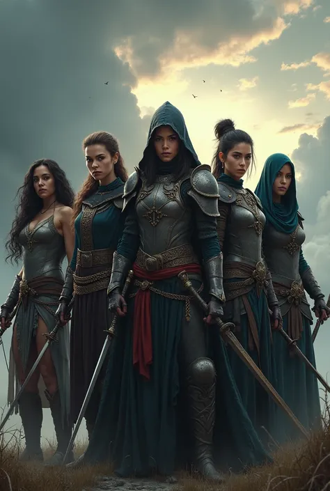 Create an army of five female warriors of various races with swords in their hands looking at the screen side by side
