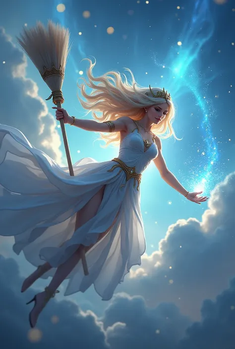 a close up of a woman flying through the air with a broom, concept art by Yang J, trending on cg society, fantasy art, beautiful celestial mage, aura of magic around her, goddess of light, lux from league of legends, mystical atlantean valkyrie, mystical v...