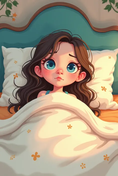 Cartoon of a young lady 
 Sick blue-eyed on a bed
