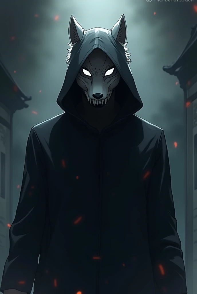 Make a man in black clothes wearing a black hoodie and a Japanese white wolf mask.  anime style 