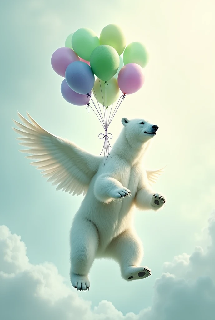 PNG of a flying white polar bear holding green and lilac balloons in watercolor style