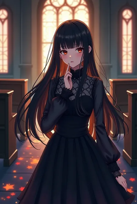 anime girl with long black hair in church with stained windows, an anime drawing by Kamagurka, pixiv contest winner, gothic art, anime girl wearing a black dress, loli in dress, cute anime waifu in a nice dress, anime moe artstyle, anime visual of a cute g...