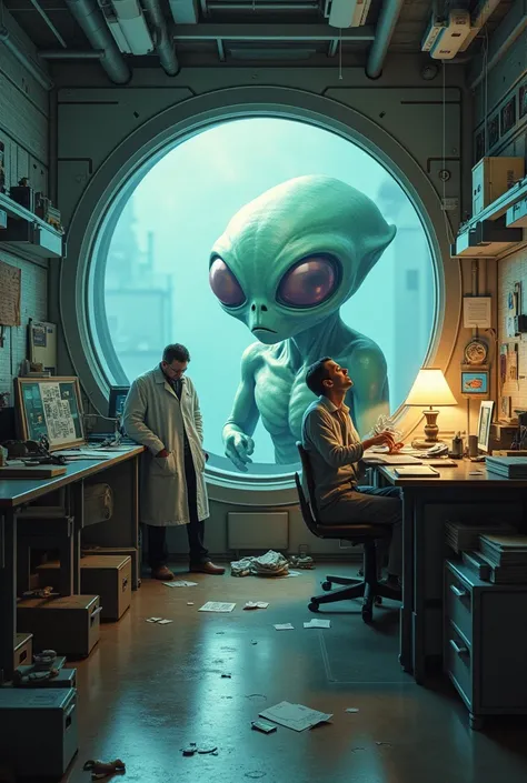 Line in the middle, on one side is a scientist who looks stressed while studying alien evidence. On the other side is an alien watching through the scientist on the other side through a screen in their spaceship.