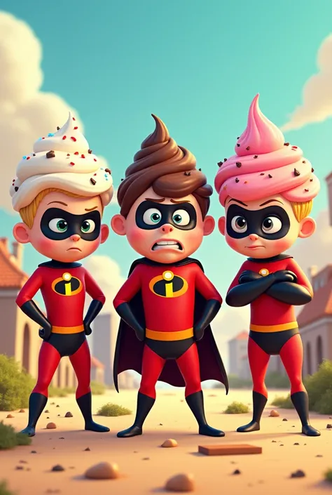 Superheroes from the cartoon The Incredibles who are called Ice Cream, very nervous
