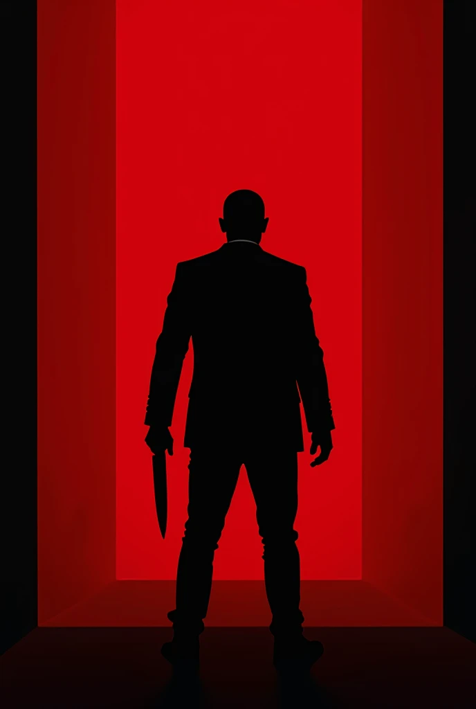  Black silhouette of a man with his back,  the man standing in a bright red outline, wielding a normal knife 