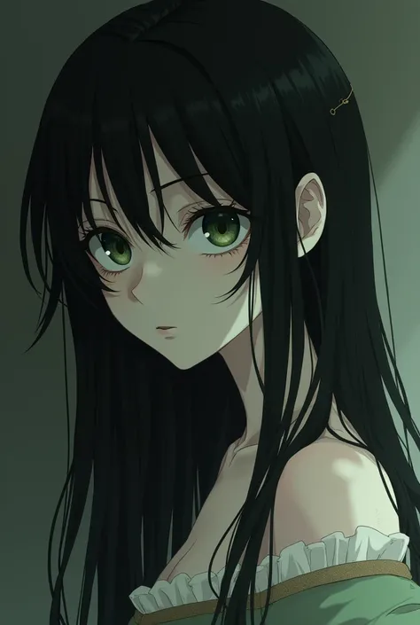  Beautiful girl ,very thin Japanese woman . dark green eyes and thick black long hair,  scar on the back along the ridge .  18th-19th century clothing , pale face , похоже на dead body,  and in anime style, tired look, dead body, what are goaz