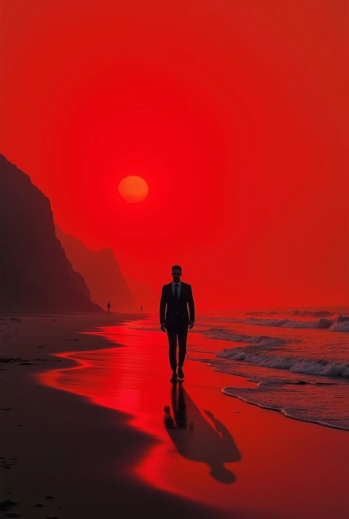 A beautiful men walking on death beach and water is red, sky is red, men has black shadow 