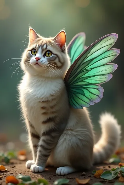 A fat, furry cat standing on its hind legs 3 quarters in shades of white, gray and brown that works with hummingbird feathers and wings in shades of green and purple coming out of its back, 