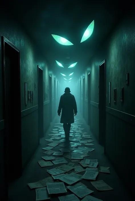 Scientist alone in a dark hallway, he’s following a trail of papers and alien evidence with a lot of eyes staring at him but the eyes shine in the dark but on the end of the hall is an alien and he’s facing the end of the hallway.