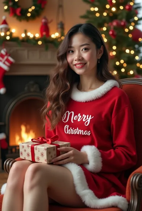 A realistic picture of a 20 year old  girl wearing Santa dress outfit seating on the chair. theres a chimney and Christmas tree beside her. Shes holding a gift and a Christmas shirt on her hands. She inside the house. 