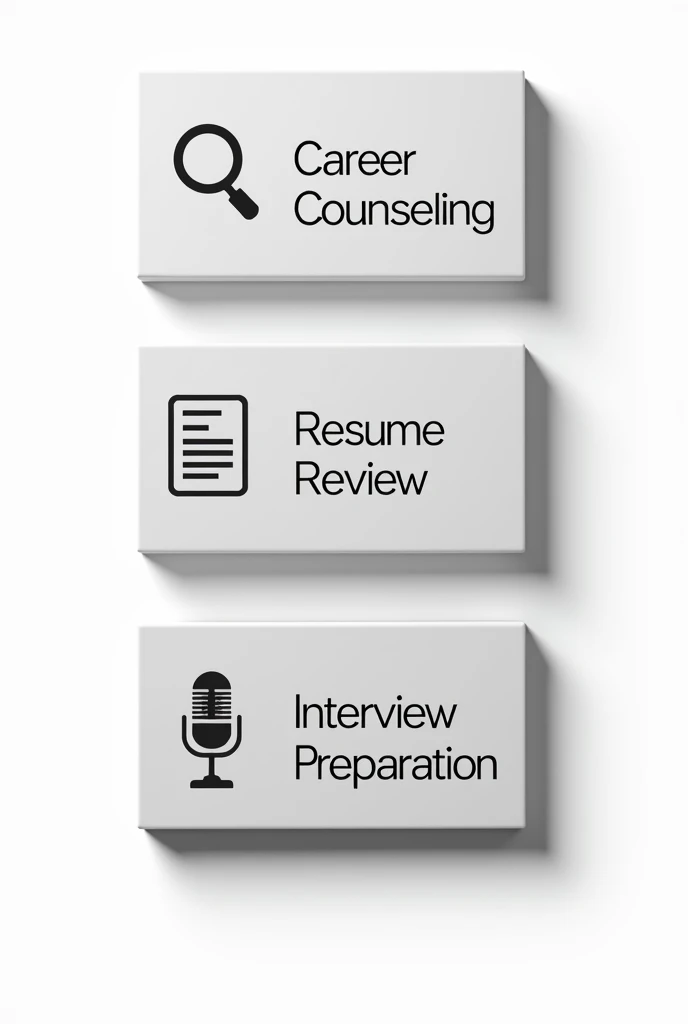 A clean and minimal design showcasing three separate blocks, each representing a service like "Career Counseling," "Resume Review," and "Interview Preparation." Use icons for each block (e.g., a magnifying glass for counseling, a document for resume review...