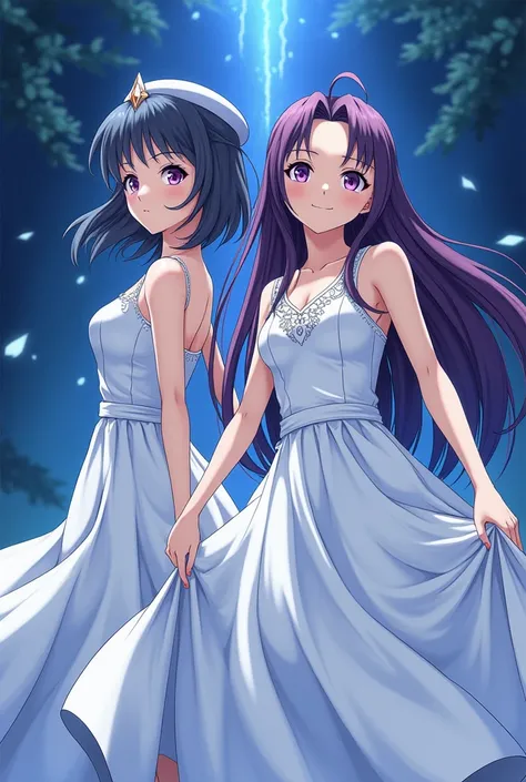  anime poster “The Legend of Heroes” depicting two women in white dresses, poster,  inspired by Lee Chevalier , pixiv, magical realism,  light novel cover , Isekai, популярное аниме Isekai,  key visual identity , purple evergreen , The cover of the epic li...