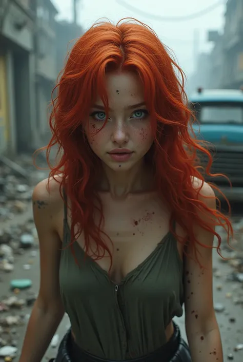 A Korean girl with hair and frizzy roots with blue eyes, and natural red hair, in a zombie apocalypse 